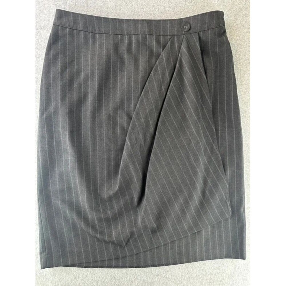 Y2K Office Siren Skirt Size 10 Grey Pinstripe Asymmetrical Faux Wrap Overlay
